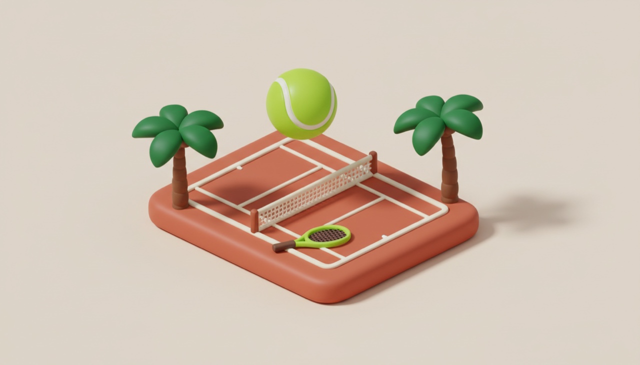 Теннисный грунтовый корт с пальмами, иллюстрация в фирменном стиле Ballset